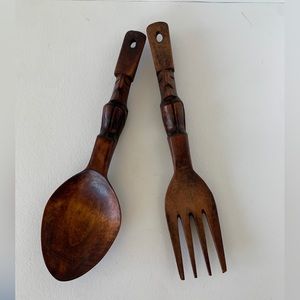 Vintage carved wood oversized salad servers